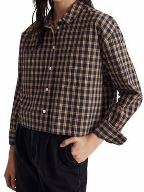 Madewell Navy and Tan Plaid Button-Down Shirt